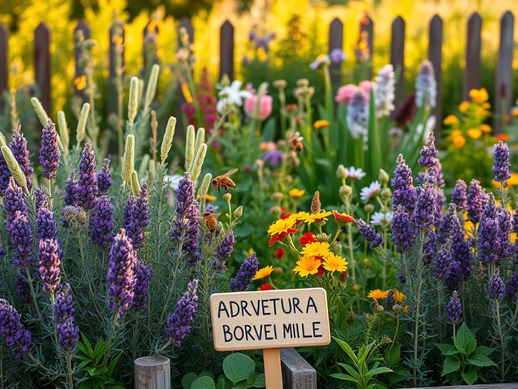 Lush, verdant garden in the Italian countryside, filled with vibrant, fragrant aromatic plants beloved by honeybees. A diverse array of herbs and flowers, including lavender, rosemary, thyme, and sage, captured in warm, golden afternoon light. The plants are arranged in an aesthetically pleasing composition, framed by a rustic wooden fence. In the foreground, a small sign reads "APICOLTURA BORVEI MIELE", highlighting the importance of these plants for apiculture. The overall scene conveys a sense of harmony between nature and human cultivation, inviting the viewer to appreciate the vital role of aromatic plants in supporting thriving bee populations.