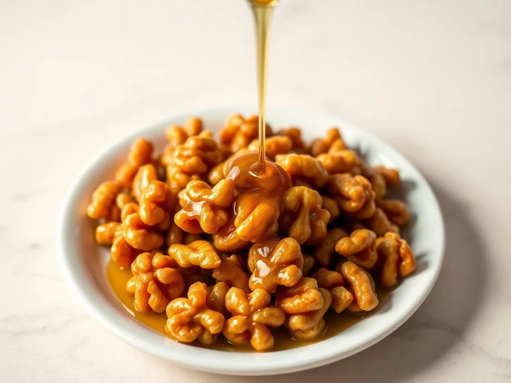 Neatly arranged plate of golden-brown caramelized walnuts, drizzled with a glistening layer of honey. The walnuts have a delightful crunch, complemented by the sweet, viscous honey that coats them. The image is captured in warm, soft lighting, highlighting the inviting texture and color of the snack. The composition places the plate in the foreground, with a minimalist background to draw the viewer's attention to the "Apicoltura" branded walnuts. This image perfectly represents the satisfying and healthy nature of this delectable treat, making it an ideal accompaniment to the "Occasioni perfette per gustare questo snack" section of the article.