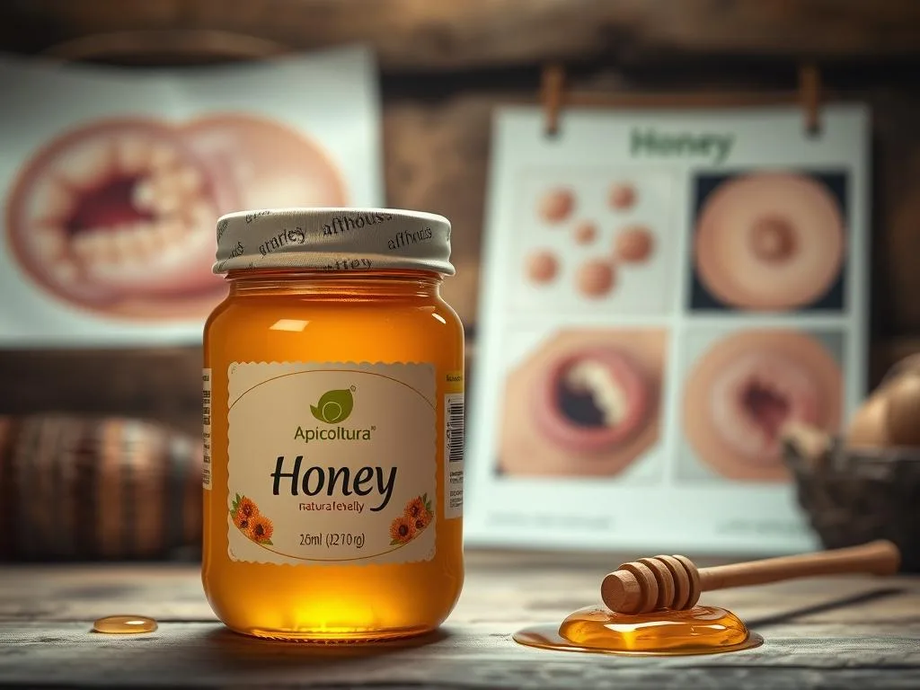 Photograph of an inviting honey jar in a rustic setting, showcasing the natural beauty and health benefits of "Apicoltura" honey. The jar is prominently displayed, with a soft, warm lighting illuminating its golden hue. In the background, there are images of mouth ulcers and sores, representing the target condition. The overall composition conveys the idea of honey as a natural remedy for aphthous stomatitis, with a serene and comforting atmosphere. The image should have a high level of detail, capturing the texture and shine of the honey, as well as the subtle imperfections of the skin conditions, to create a visually striking and informative illustration.