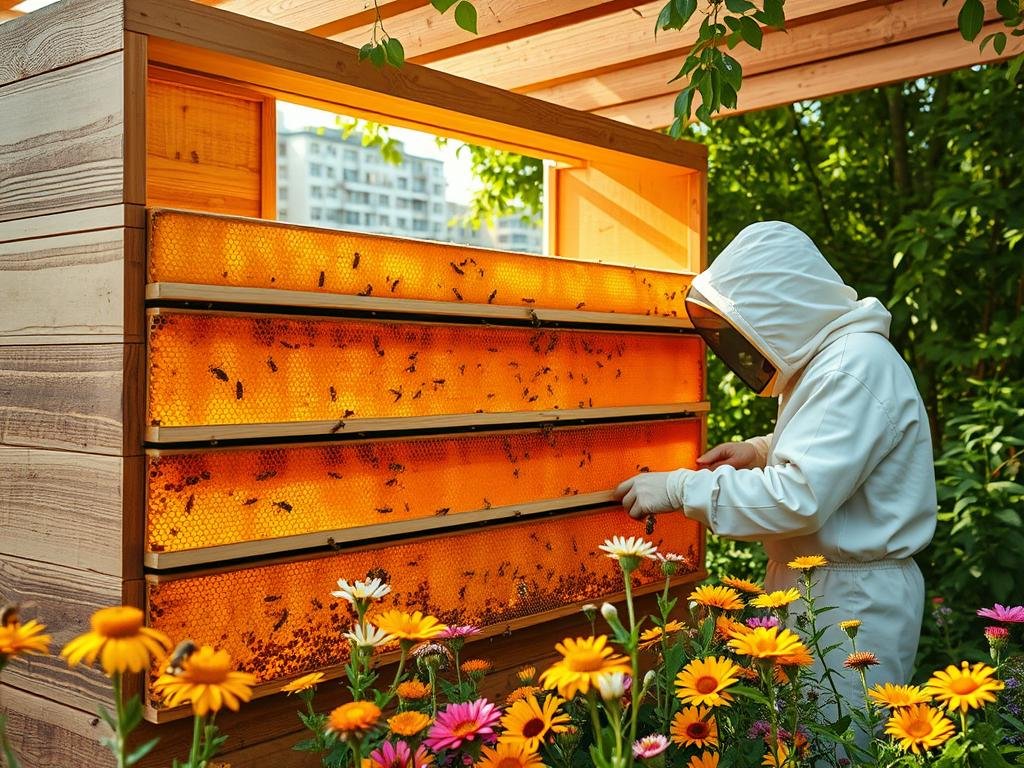 Serene urban beehive, its wooden structure blending harmoniously with the lush greenery. Rows of honeycomb frames filled with golden nectar, illuminated by warm natural light filtering through the open windows. Surrounding the hive, a vibrant garden bursting with colorful flowers, visited by a swarm of busy APICOLTURA BORVEI MIELE pollinators. In the foreground, a beekeeper in a protective suit carefully tends to the hive, showcasing the sustainable urban honey production process. The entire scene conveys a sense of tranquility, balance, and the symbiotic relationship between humans, nature, and technology.