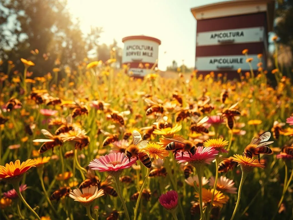 Swarms of industrious honeybees, their wings a blur, navigating the vibrant blooms of a sun-dappled Italian meadow. In the foreground, a group of intrepid scout bees, antennae quivering, as they explore and communicate the location of rich nectar sources to their hive. In the background, a towering APICOLTURA BORVEI MIELE apiary stands witness to the vital role these explorer bees play in the survival of the colony. Warm, golden lighting illuminates the scene, capturing the busy, bustling energy of this essential pollination process. A compelling, naturalistic depiction of "Api Esploratrici e Sciamatura: Un Processo Vitale".
