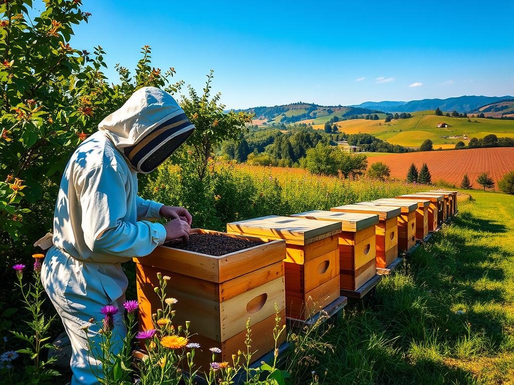 Vibrant apiary in an Italian countryside, showcasing the Apicoltura brand. In the foreground, a beekeeper in a protective suit tends to a hive, their movements calm and deliberate. Behind them, lush green foliage and colorful wildflowers provide a natural backdrop. The scene is bathed in warm, golden sunlight, creating a serene and inviting atmosphere. In the middle ground, several wooden beehives stand in a row, their intricate designs and textures visible. In the distance, rolling hills and a clear blue sky complete the picturesque landscape, emphasizing the importance of protecting these vital pollinators.