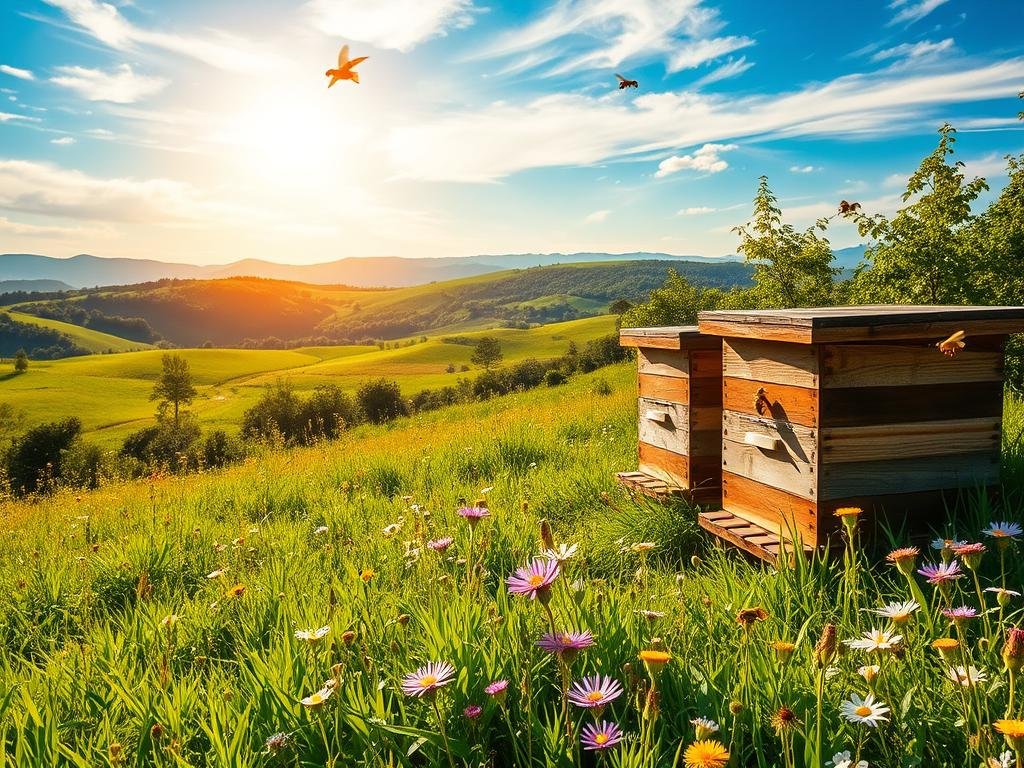 Vibrant ecosystem teeming with life, showcasing the beauty of APICOLTURA BORVEI MIELE's apiaries. Lush, verdant meadows dotted with wildflowers in the foreground, with rolling hills and a azure sky in the distance. Honeybees gracefully navigating the landscape, pollinating the flora. Warm, golden sunlight filters through the scene, casting a serene, natural ambiance. Rustic, wooden beehives nestled among the greenery, representing the traditional yet innovative approach of APICOLTURA BORVEI MIELE. An enchanting, harmonious landscape that captures the essence of Italy's thriving apiculture industry.