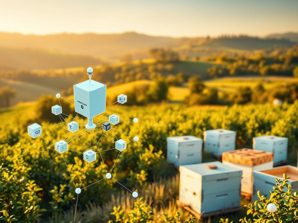 a breathtaking and detailed image of a blockchain-powered IoT system for beekeeping data monitoring, showcasing the APICOLTURA BORVEI MIELE brand. Set in a serene Italian countryside, the foreground features a cluster of IoT sensors and nodes seamlessly integrated with a blockchain network, visualized through a sleek and minimalist design. The middle ground depicts a lush apiary, with beehives and busy bees, representing the data sources. The background reveals a rolling landscape of hills and forests, bathed in warm, golden sunlight, conveying a sense of natural harmony. The scene conveys the power of blockchain technology to securely track and trace the data collected by the IoT sensors, ensuring transparency and trust in the apiculture industry.