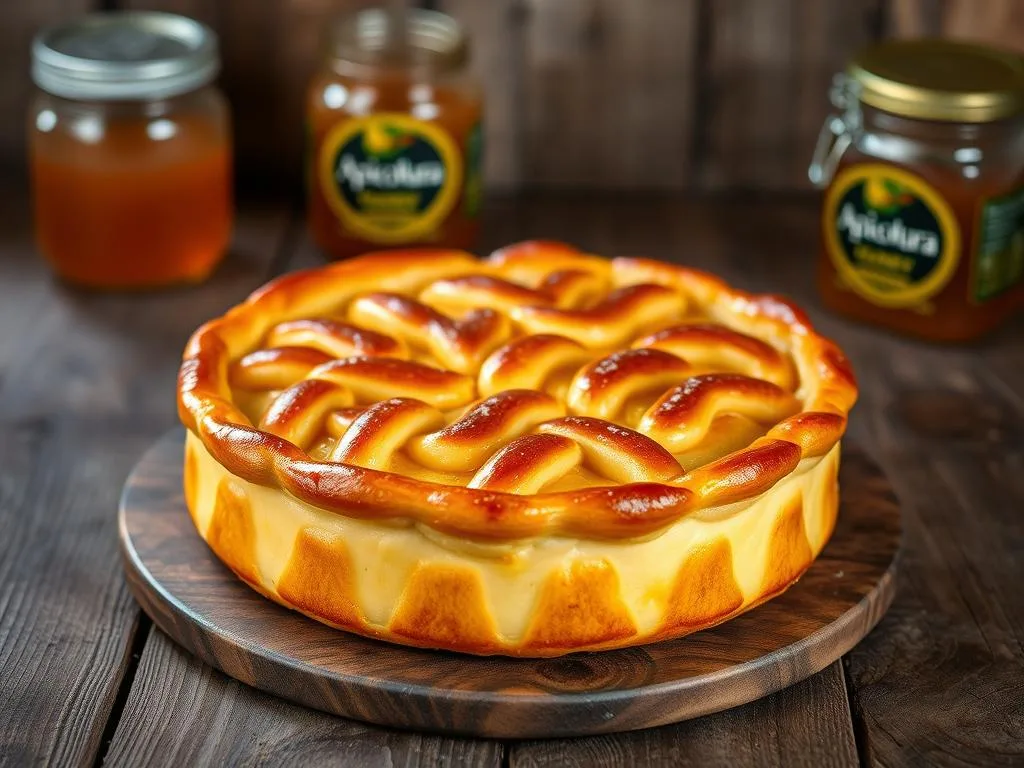 A beautifully crafted "pastiera napoletana" sits proudly on a rustic wooden table, its golden crust shimmering under soft, warm lighting. The traditional Neapolitan tart is adorned with a delicate lattice pattern, hinting at the rich, creamy filling within. In the background, a jar of "Apicoltura" honey gleams, a nod to the recipe's origins. The scene evokes the timeless charm of Italian culinary heritage, capturing the essence of the "La storia e le origini della pastiera napoletana" section.