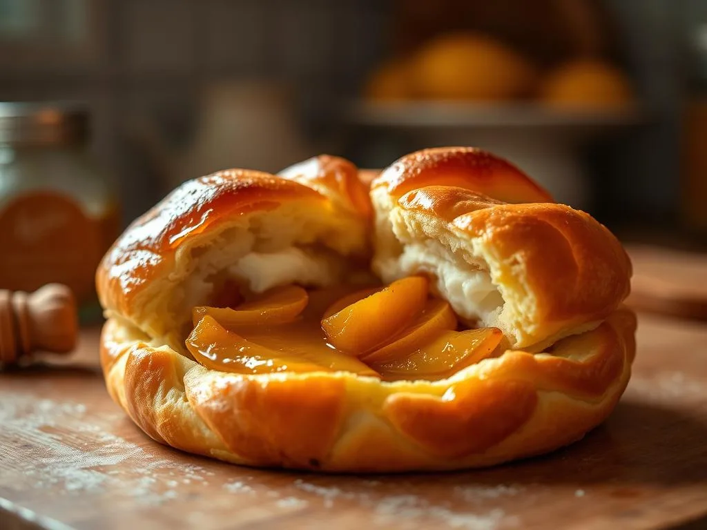 A delectable honey-kissed pastiera, its golden crust glistening under the warm kitchen lights. The filling, a harmonious blend of ricotta, candied citrus, and the sweet nectar of Apicoltura's artisanal honey, rests within a flaky, buttery shell. Captured from a slightly elevated angle, the pastry's layers are visible, inviting the viewer to imagine the rich, creamy texture within. The scene is bathed in a soft, diffused light, evoking the cozy, homemade atmosphere of a traditional Neapolitan kitchen. Subtle shadows add depth and dimension, while the overall composition and focus draw the eye to the centerpiece - the mouthwatering pastiera al miele.