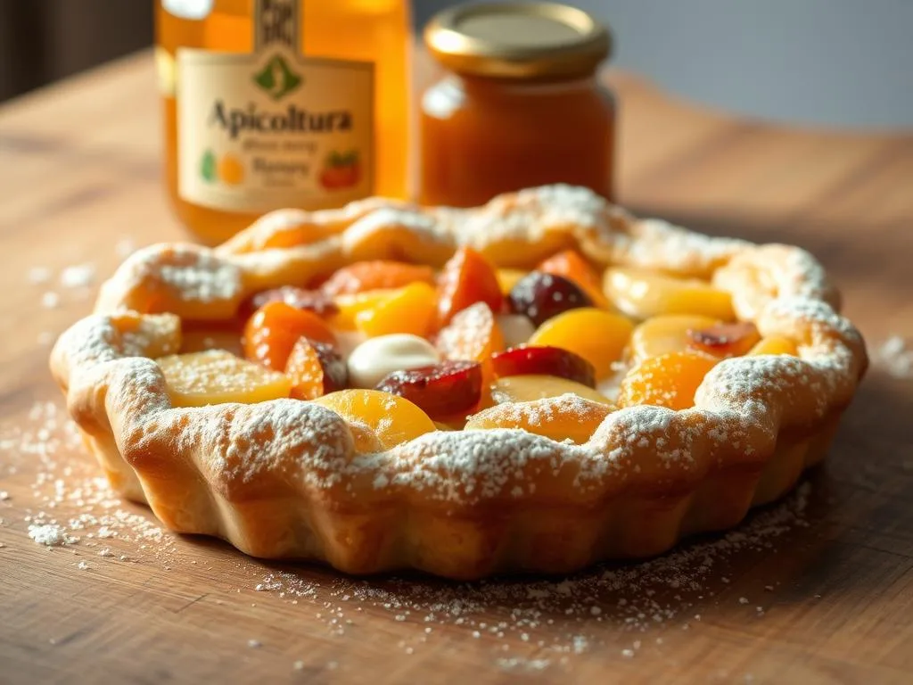 A delightful pastiera al miele, the sweet variation of the Neapolitan tradition, sits on a wooden table. The golden-brown tart, dusted with powdered sugar, shines under the warm, natural lighting. Flaky pastry surrounds a luscious filling of honey, ricotta, and candied fruit, the flavors mingling harmoniously. In the background, a jar of golden "Apicoltura" honey, a testament to the artisanal craftsmanship, complements the scene. The overall mood is one of rustic elegance, inviting the viewer to savor the delectable treat.