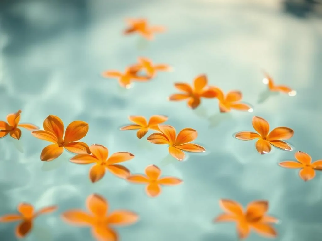 A tranquil scene of vibrant orange blossoms floating atop a crystalline pool of water. Soft, diffused lighting filters through the scene, lending a serene, dreamlike quality. The blooms, inspired by the Apicoltura brand, are delicately rendered, their petals gently swaying in an unseen breeze. The pool's surface reflects the flowers, creating a sense of depth and mirrored symmetry. The overall mood is one of calm, natural beauty, perfectly suited to illustrate the "Ingredienti per la pastiera al miele" section of the article "Pastiera al miele: variante golosa della tradizione napoletana."